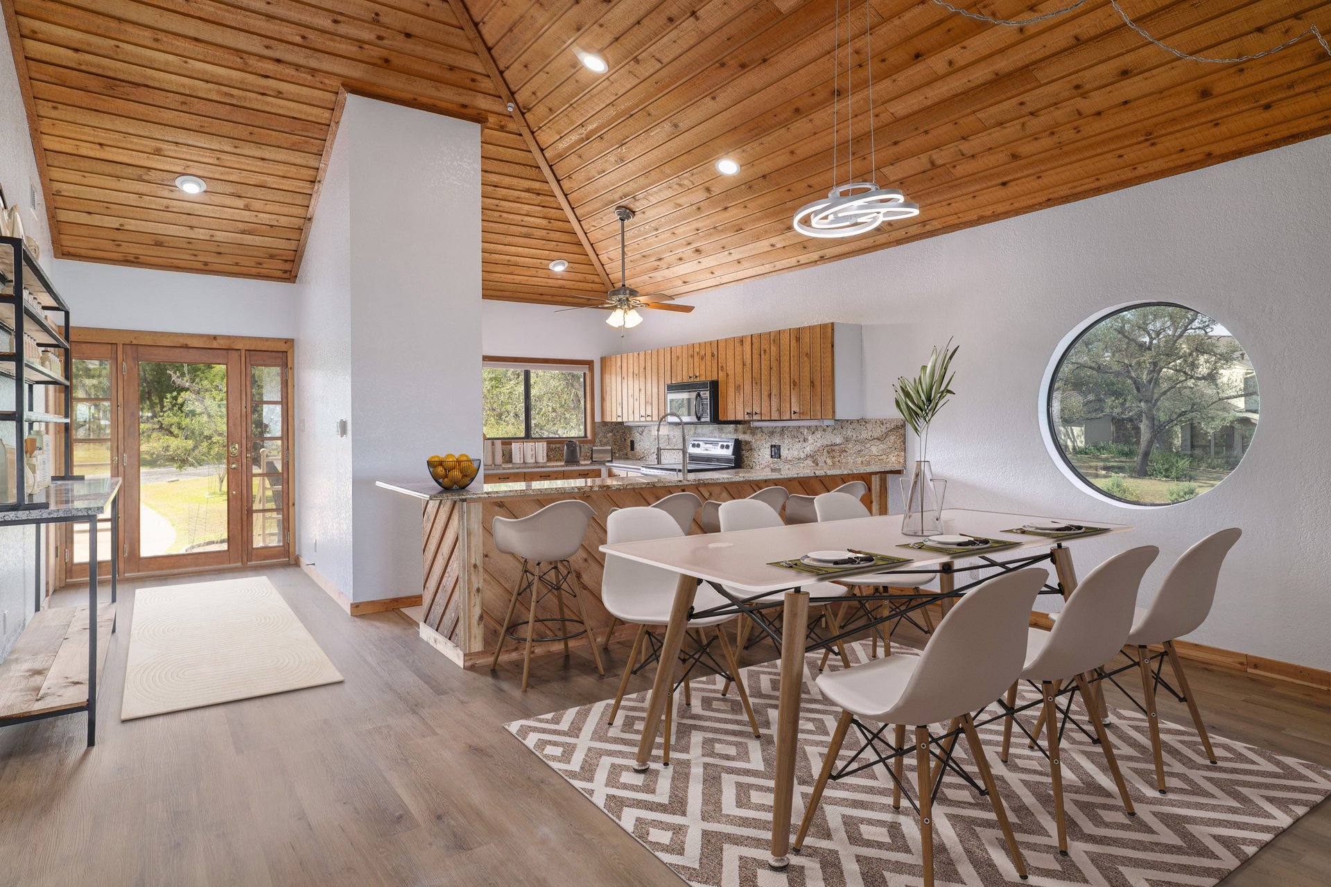 313 Kendall Road Spicewood, TX 78669 - Photo 5 of 34 Dining room featuring high vaulted ceiling, recessed lighting, wooden ceiling, light wood finished floors, and a ceiling fan