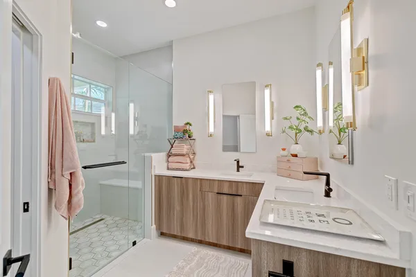 a view of backyard with swimming pool and outdoor seating