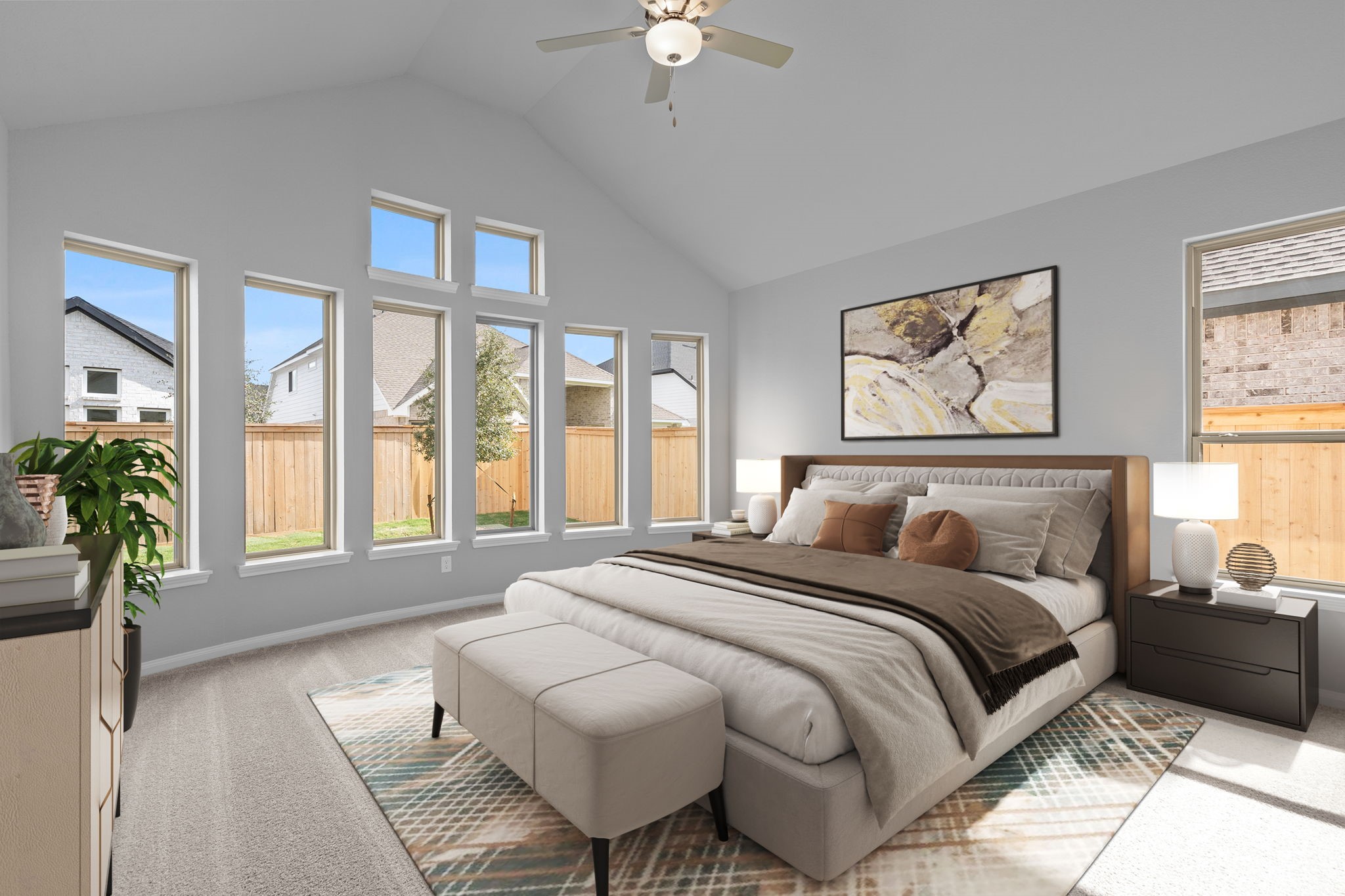 10726 Rattlebox Court Cypress, TX 77433 - Photo 18 of 36 a spacious bedroom with a balcony a bed and a chandelier