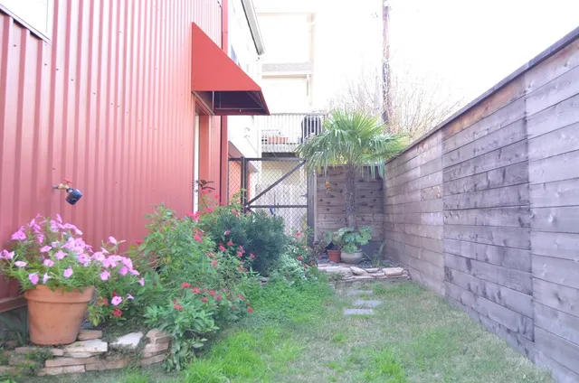 a garden view with a potted plants