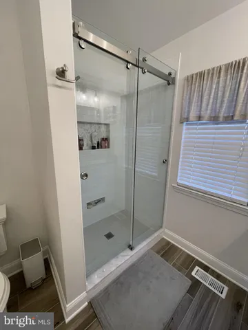 a bathroom with a shower and a toilet