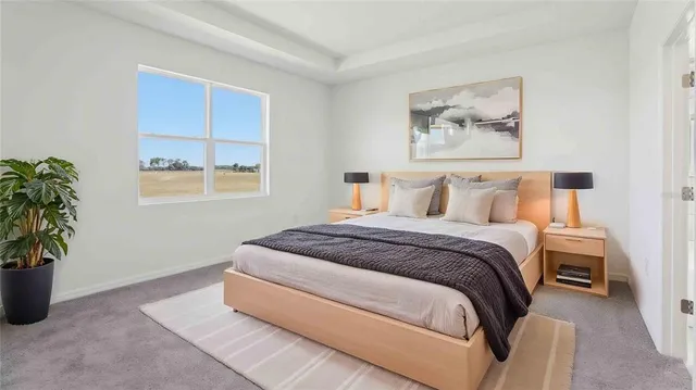 a bedroom with bed and a potted plant