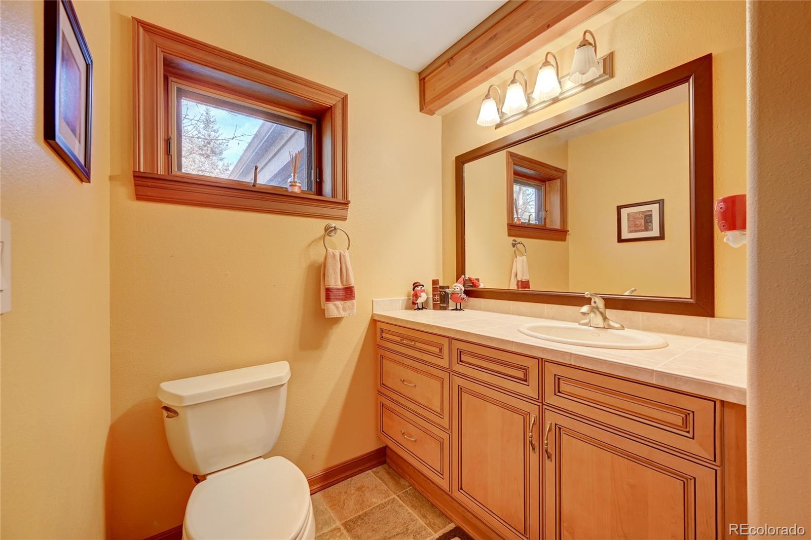 27164 Sun Ridge Drive Evergreen, CO 80439 - Photo 17 of 40 a bathroom with a toilet a sink and mirror