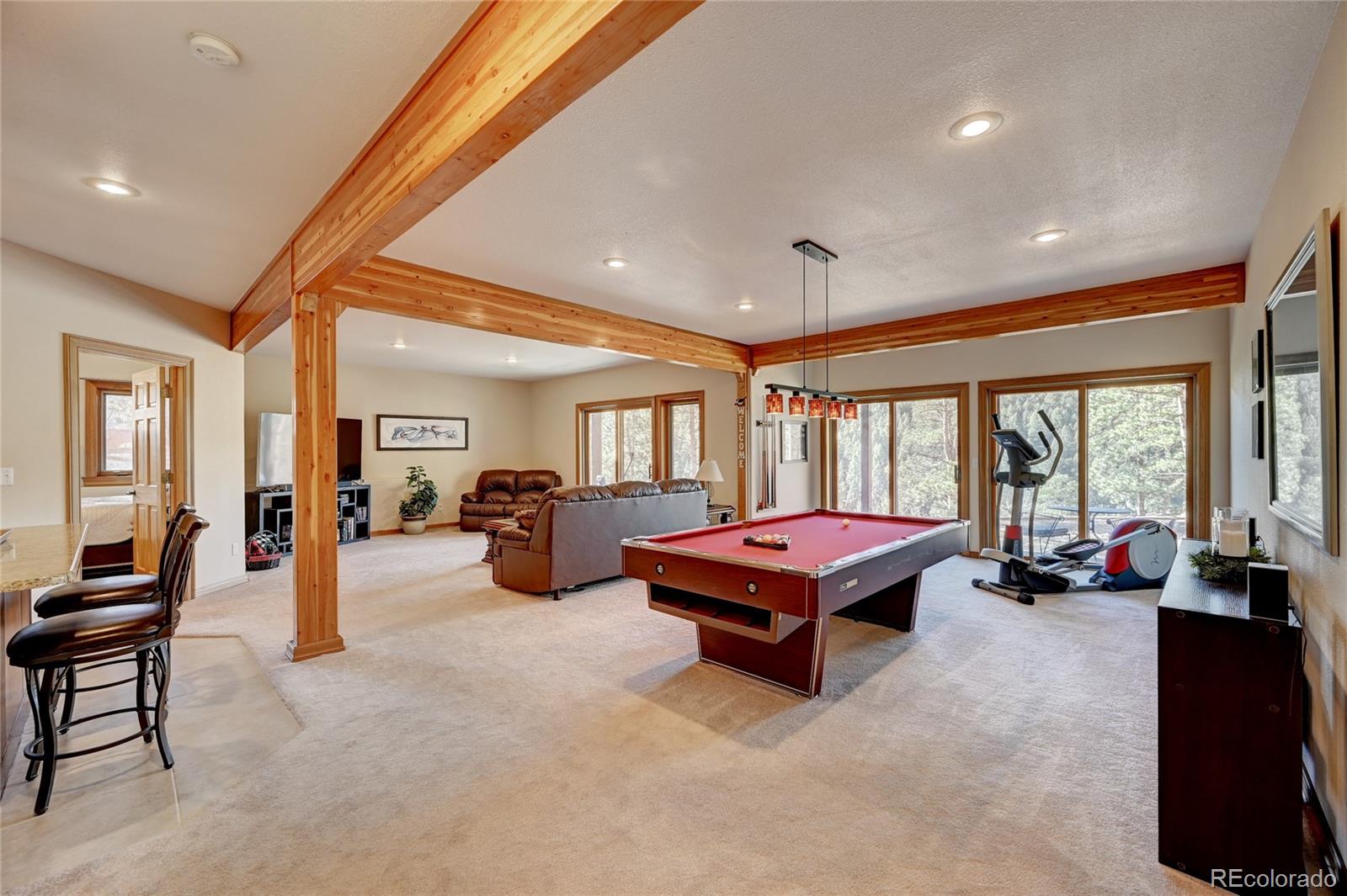 27164 Sun Ridge Drive Evergreen, CO 80439 - Photo 27 of 40 a living room with furniture a ceiling fan and a large window