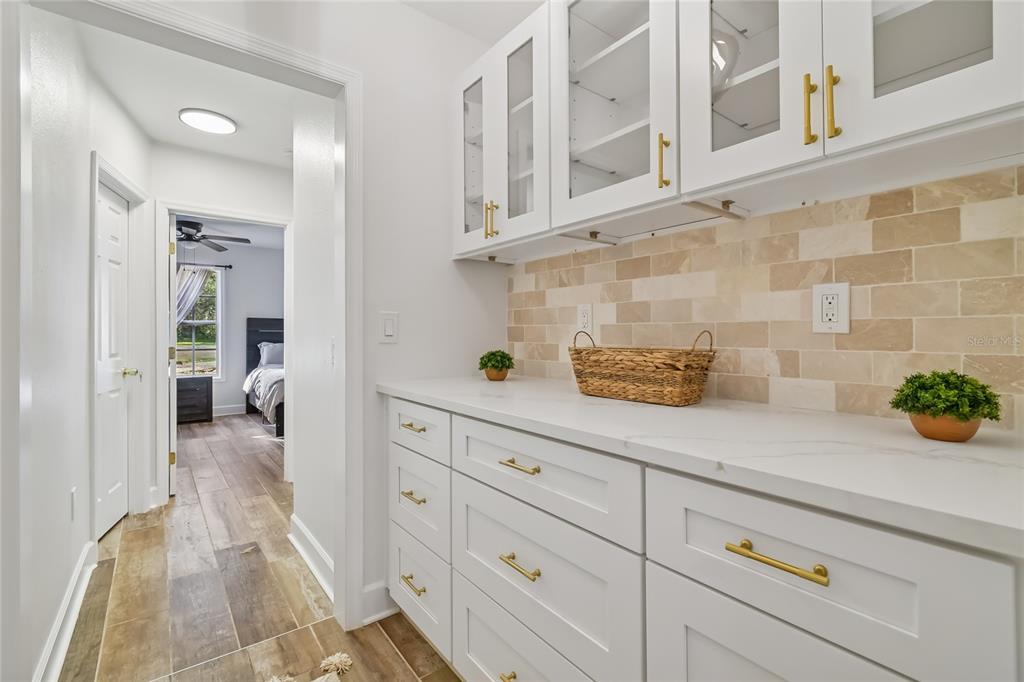 2513 North Valrico Road Seffner, FL 33584 - Photo 18 of 76 a hallway with a stove a faucet white cabinets and a potted plant