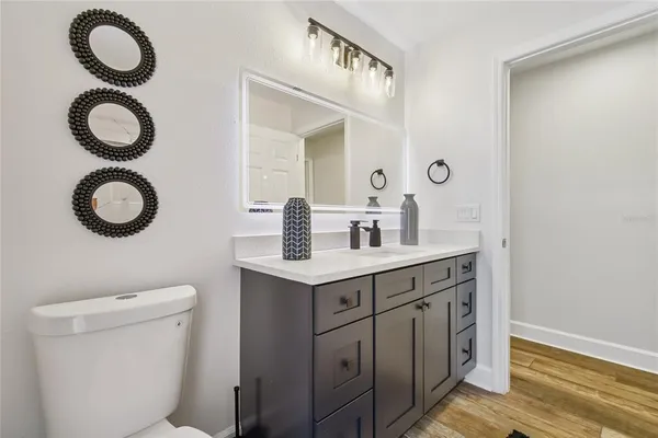 a backyard of a house with plants and large tree