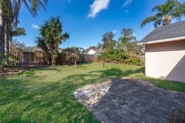 a view of a yard with palm trees