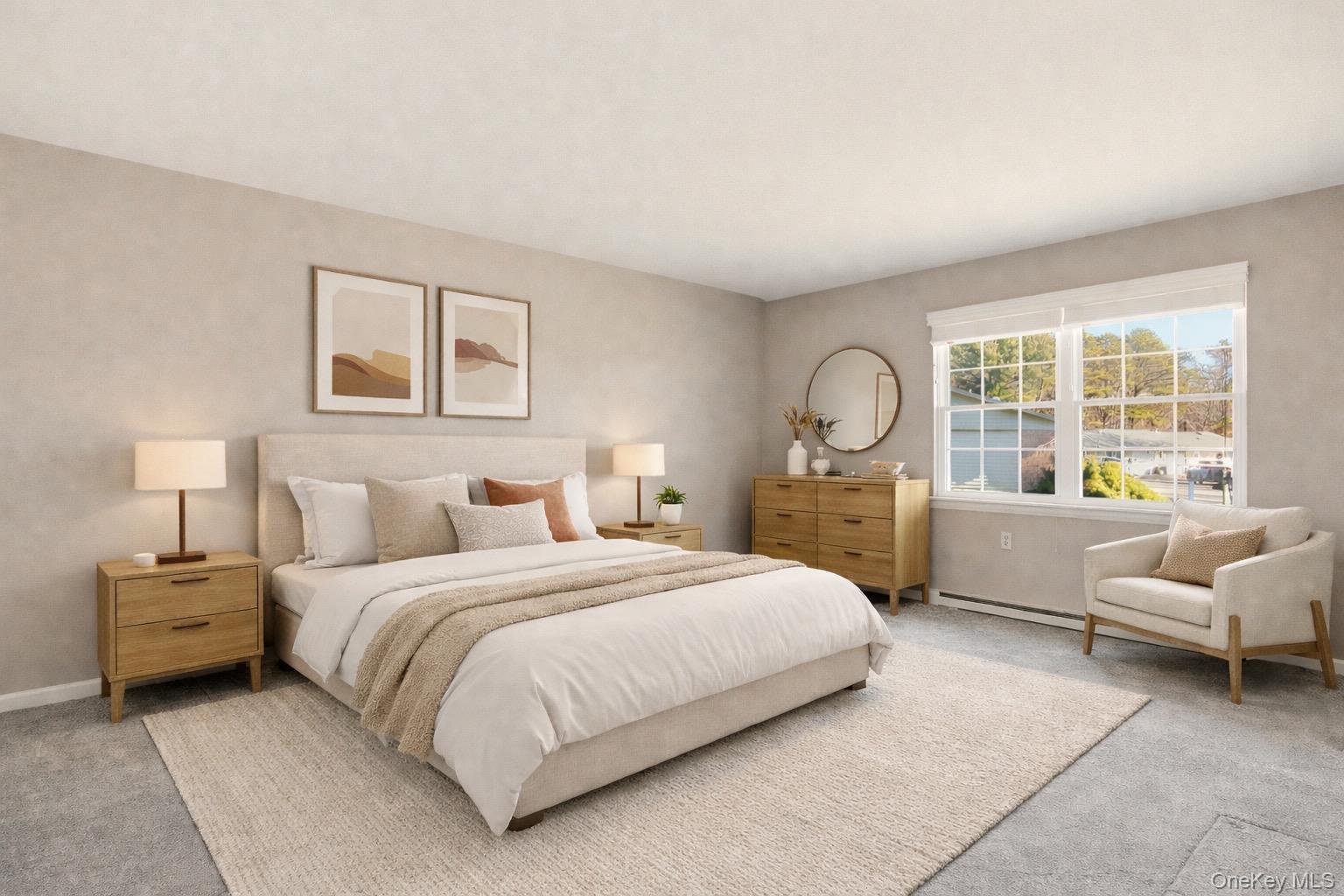 360 Woodbridge Drive, Unit A Ridge, NY 11961 - Photo 17 of 34 a bedroom with a bed large window and couch