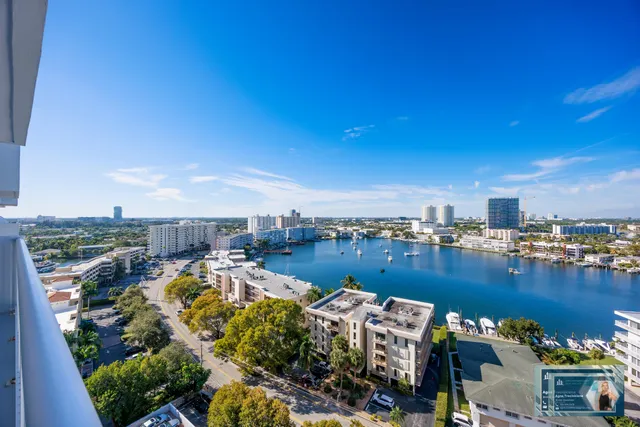 a view of a lake with a city view