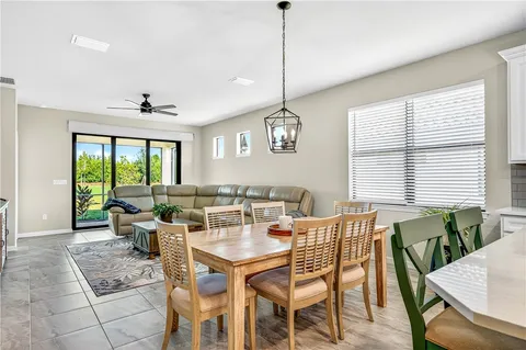 a view of a dining room with furniture window and outside view
