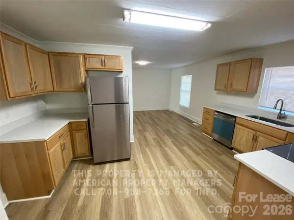 a kitchen with a refrigerator a sink and cabinets