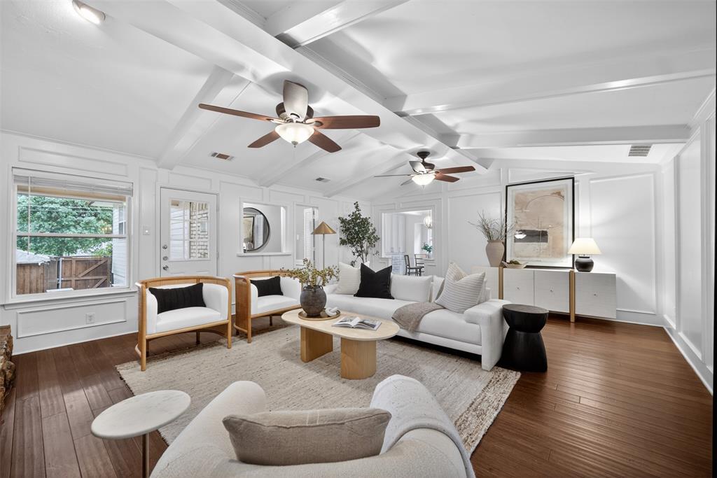 9660 Timberleaf Drive Dallas, TX 75243 - Photo 4 of 40 Vaulted ceiling with exposed beams and multiple ceiling fans