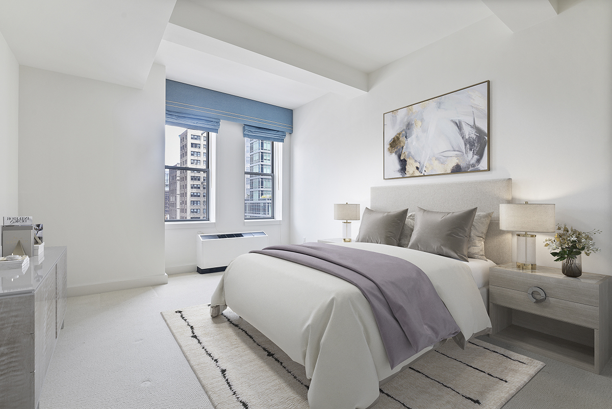 80 Chambers Street, Unit 10F Manhattan, NY 10007 - Photo 13 of 22 a spacious bedroom with a bed a couch and a window