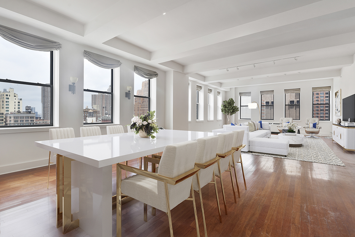 80 Chambers Street, Unit 10F Manhattan, NY 10007 - Photo 4 of 22 a view of a dining room with furniture large windows and wooden floor