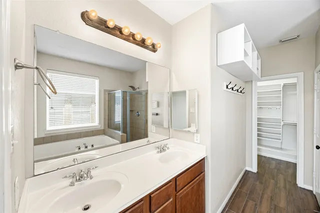 a bathroom with a sink and a large mirror