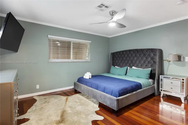 a bedroom with a bed and a flat tv screen on dresser