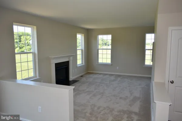 a living room with a fireplace and a potted plant