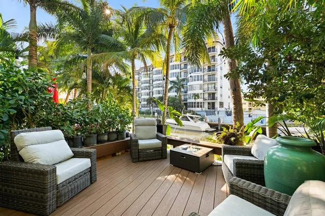 a view of a patio with couches and a potted plant on a table and chairs