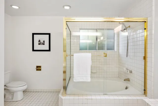 a bathroom with a shower and a toilet