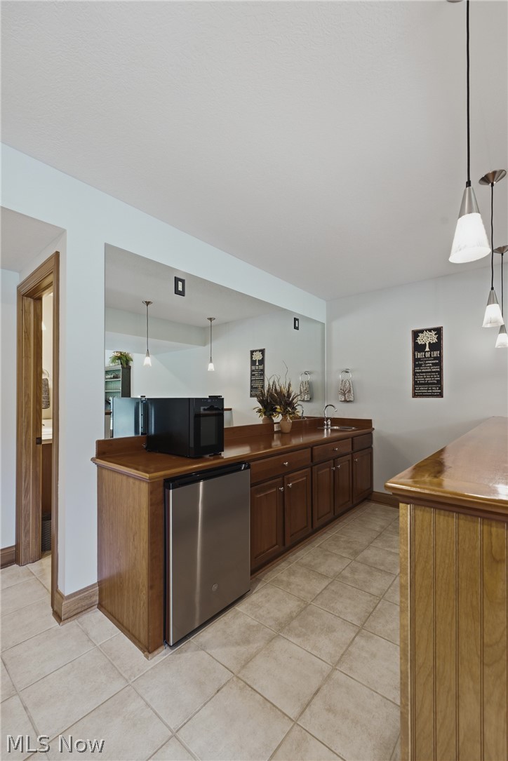 3955 Spring Brook Way Wooster, OH 44691 - Photo 30 of 50 Built-in wet bar with wood cabinetry, integrated stainless steel compact refrigerator, and undermount sink