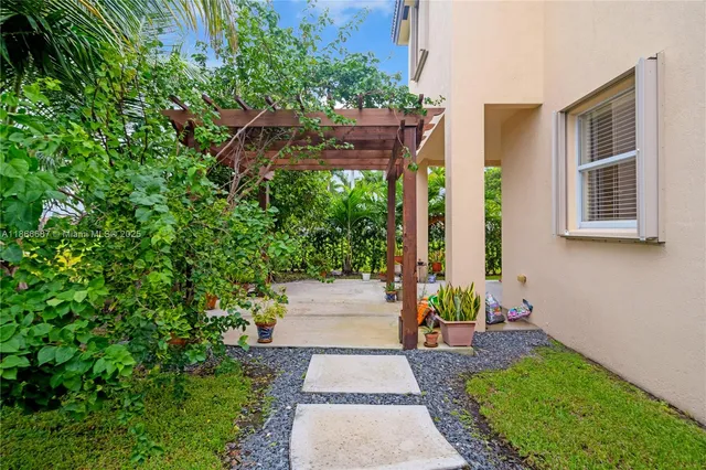 an aerial view of residential houses with outdoor space and trees
