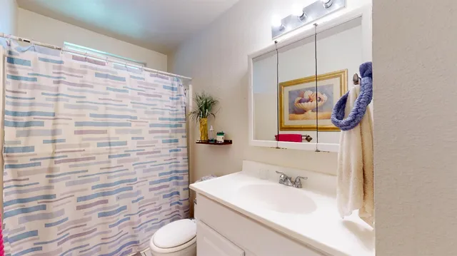 a bathroom with a sink a toilet and shower curtain