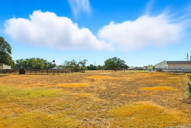 a view of a swimming pool with a yard and from a large tree