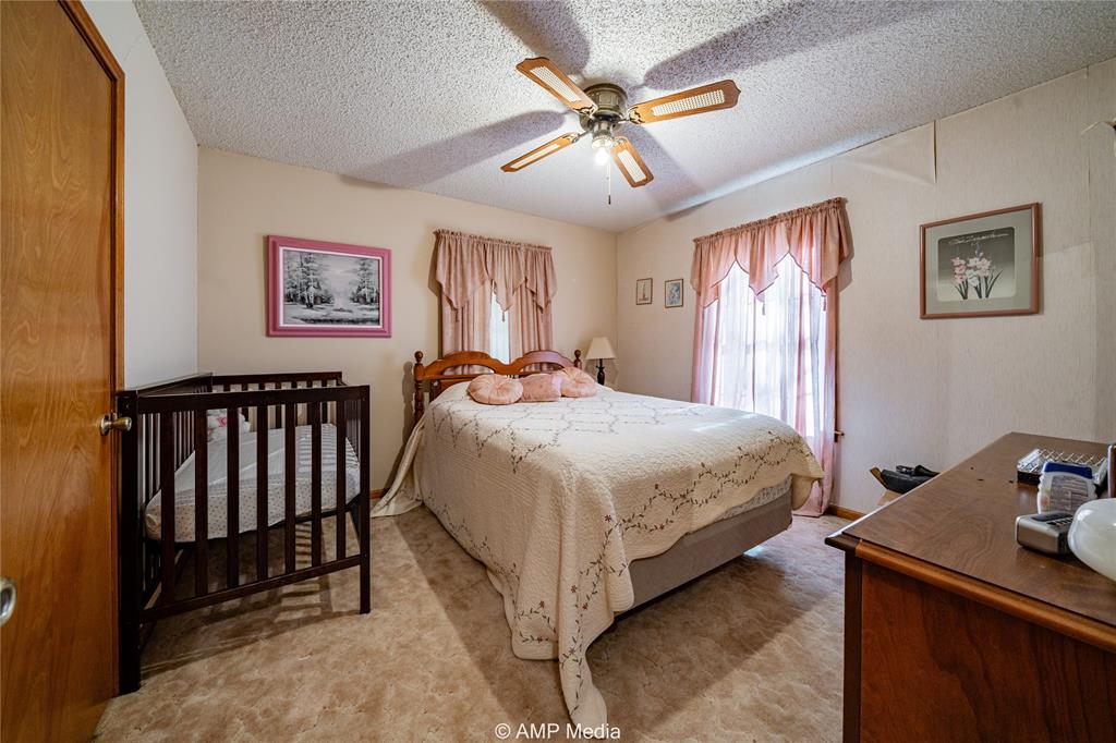 1992 Sand Flat Road Jacksboro, TX 76458 - Photo 33 of 36 Bedroom featuring ceiling fan, light carpet, and a textured ceiling