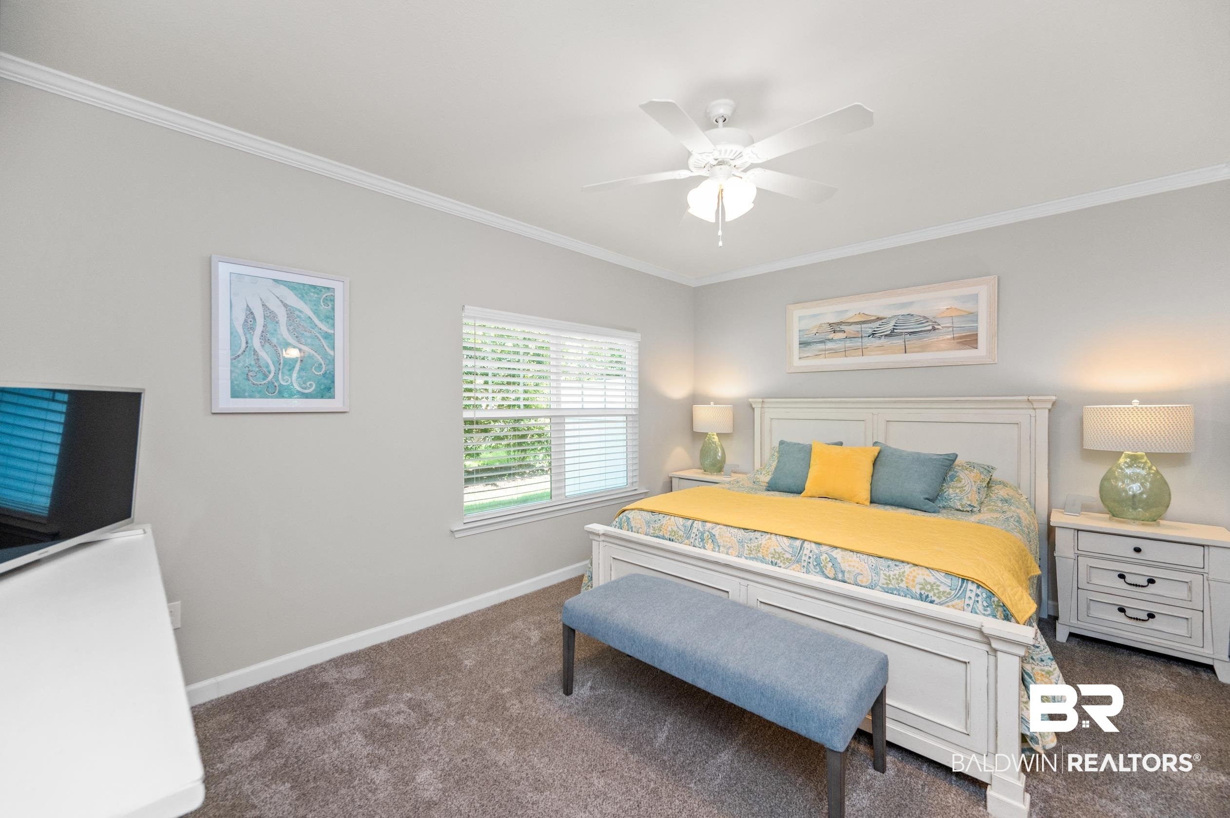 430 West Fort Morgan Road, Unit 1902 Gulf Shores, AL 36542 - Photo 17 of 59 Carpeted bedroom with ceiling fan and crown molding