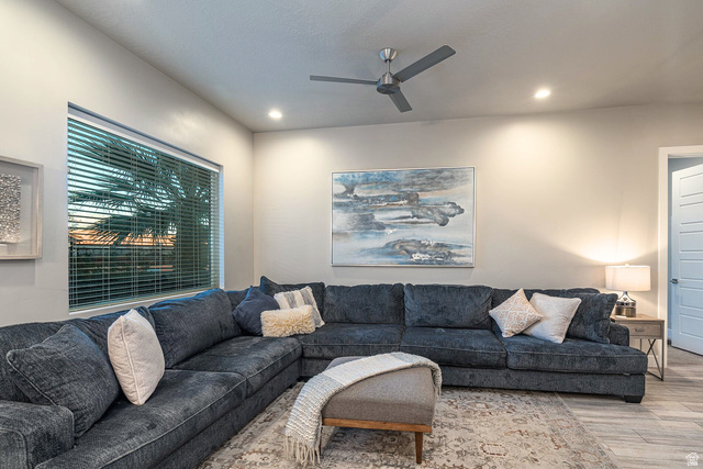 2600 Ocotillo Way, Unit 31 Santa Clara, UT 84765 - Photo 6 of 73 Living area featuring recessed lighting, a ceiling fan, and a large window with horizontal blinds
