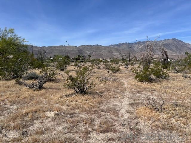 a view of a dry yard with mountains in the background