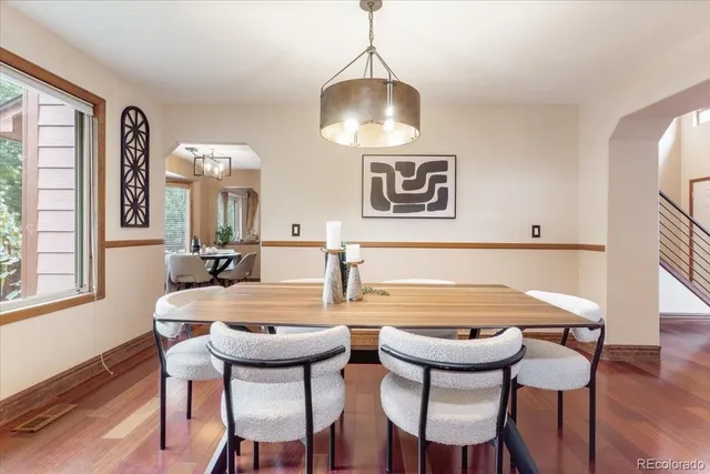 a view of a dining room with furniture window and wooden floor