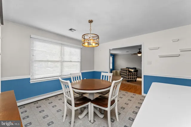 a view of a dining room with furniture and window