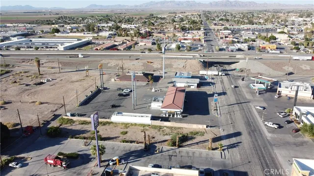an aerial view of a building with outdoor space