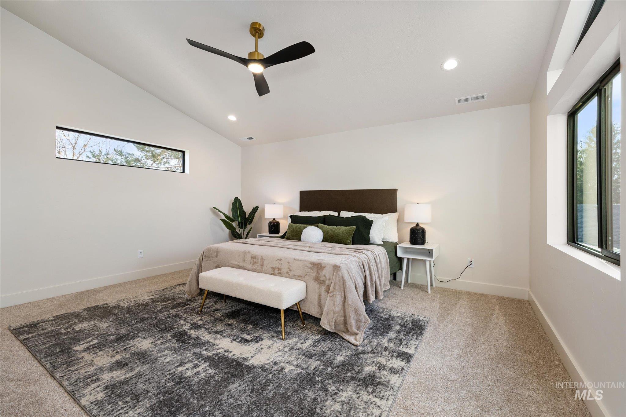 5612 West Grover Street Boise, ID 83705 - Photo 24 of 50 Bedroom with ceiling fan, lofted ceiling, light carpet, and recessed lighting