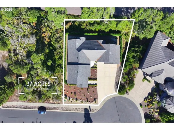 an aerial view of a house with a yard and a large tree