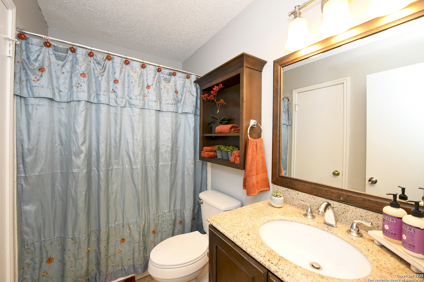 9536 Dover Ridge San Antonio, TX 78250 - Photo 8 of 9 a bathroom with a sink a toilet and shower curtain