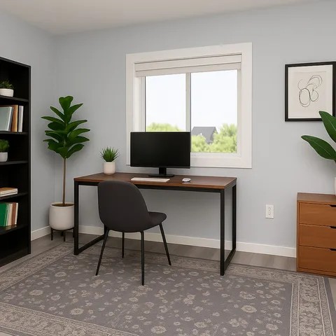 a workspace with furniture and a potted plant