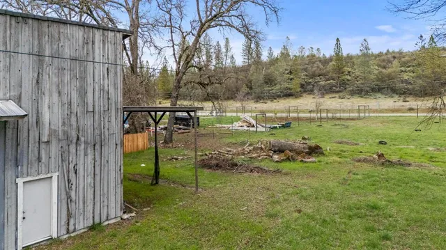 a view of a backyard with table and chairs potted plants