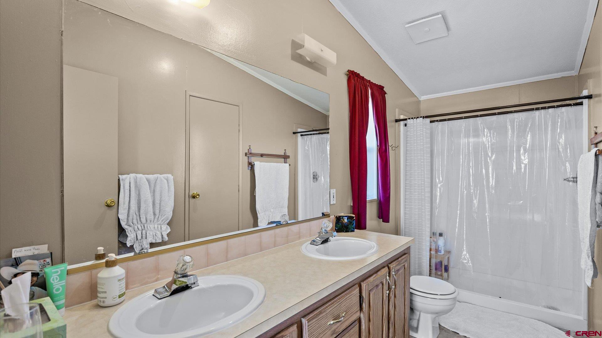 17177 Meadow Drive Cedaredge, CO 81413 - Photo 17 of 30 a bathroom with double vanity sinks a toilet a mirror and shower