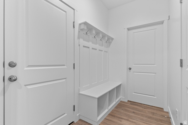 2829 North 710 West, Unit 15 Logan, UT 84321 - Photo 8 of 23 Entryway featuring a built-in bench with storage cubbies and coat hooks, wood-finish flooring, white paneled doors, and white trim