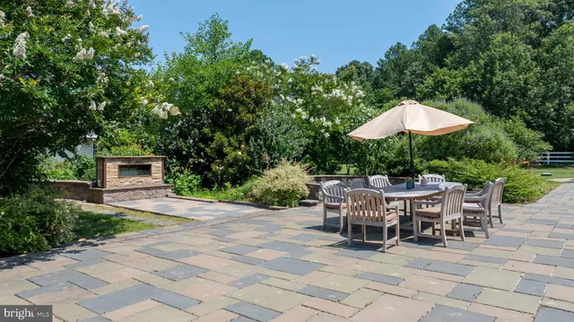 a view of a patio with table and chairs potted plants and a large tree