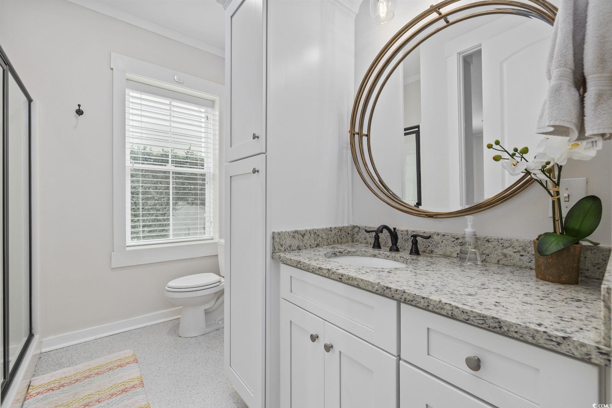 636 North Creekside Drive Murrells Inlet, SC 29576 - Photo 34 of 40 Bathroom featuring vanity, dark aggregate flooring, a stall shower, and ornamental molding