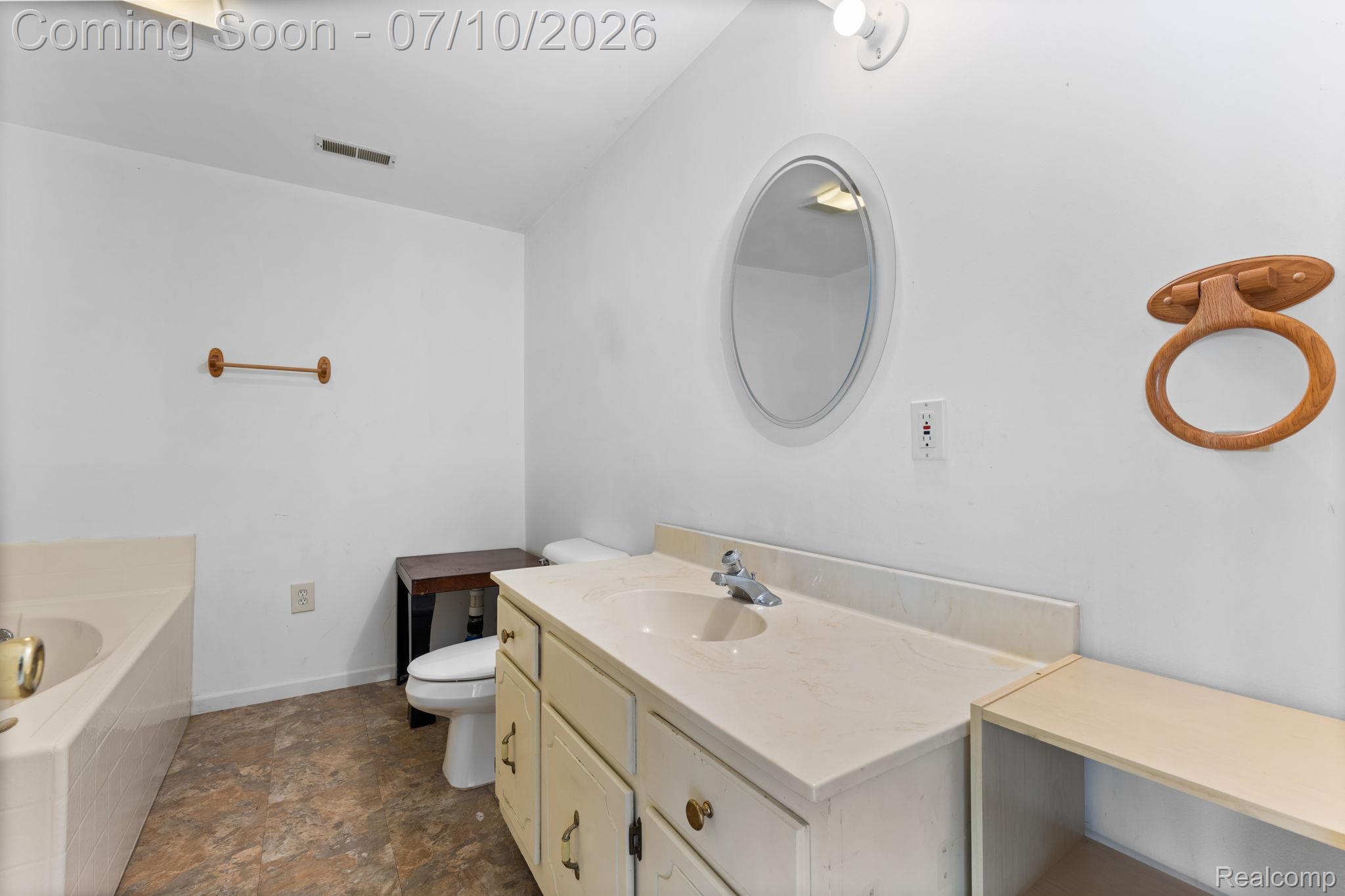 3144 North Nicholson Road Fowlerville, MI 48836 - Photo 69 of 70 Bathroom featuring a single vanity with a laminate countertop, an oval mirror, and vinyl flooring