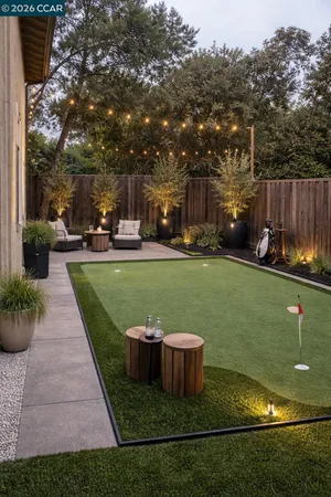 a view of a backyard with sitting area