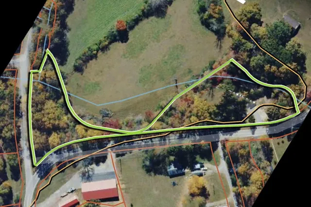 a view of a lake with large trees