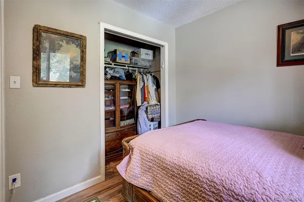 a bedroom with a bed and a closet