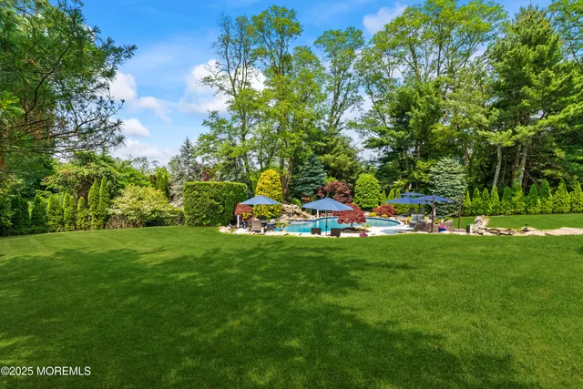a view of a chairs and table in backyard