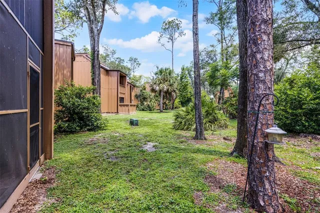 a view of a yard in front of a house with a tree and garden