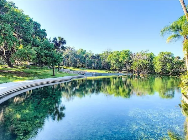a view of a lake with a yard and large trees